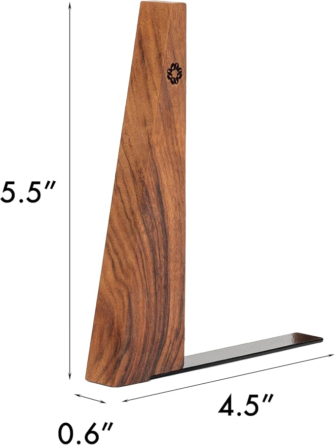 TILISMA Walnut Bookends for Shelves | Wooden Book Ends for Shelves | Sturdy Book Holders, Stoppers with Metal Base for Bookshelves | Slick Decorative Bookends Stands Firmly on Bookshelf (Pair)