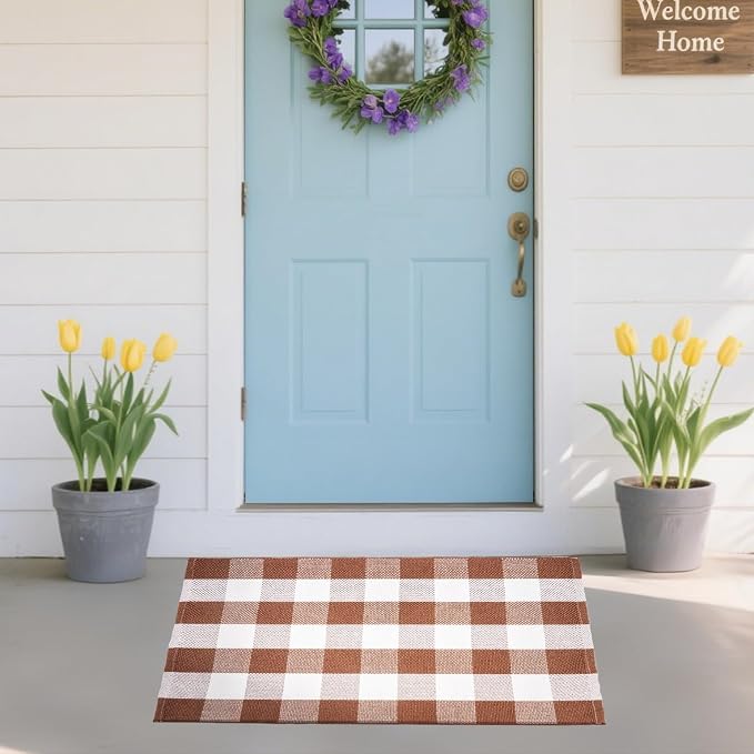 Buffalo Plaid Area Rug 27.5x43 in, Brown White Indoor Outdoor Rug | Cotton Blend, Brown White Checkered, Machine Washable, Front Porch Entryway, Kitchen Bathroom