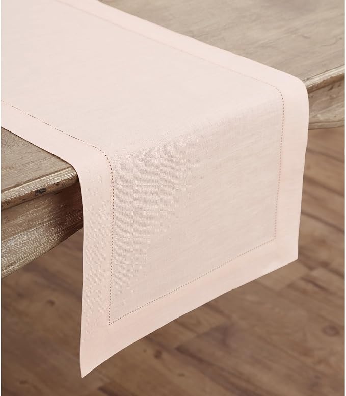 Solino Home 100% Pure Linen Dining Table Runner Pink Hemstitch, 14 x 156 in | Classic Hemstitch, brings a tailored look to family meals and hosting, hemstitched border, soft, fine, OEKO-TEX Certified