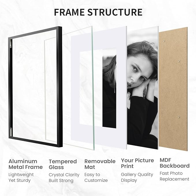 18x24 Poster Frame Black, Aluminum Metal 18 x 24 Frame with Removable Mat, 18 by 24 Black Picture Frame Matted to 16x20 Photo, Real Tempered Glass for Home and Office Gallery Wall, 1 Pack
