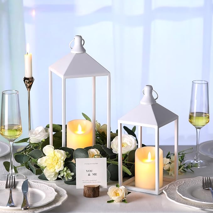 2 Pcs Wedding Lanterns Decorative with Candles White Farmhouse Lanterns | Glass-free Metal Decorative Candle Lanterns for Wedding, Fireplace, Table Centerpiece, Indoor, Room, Valentine Decor