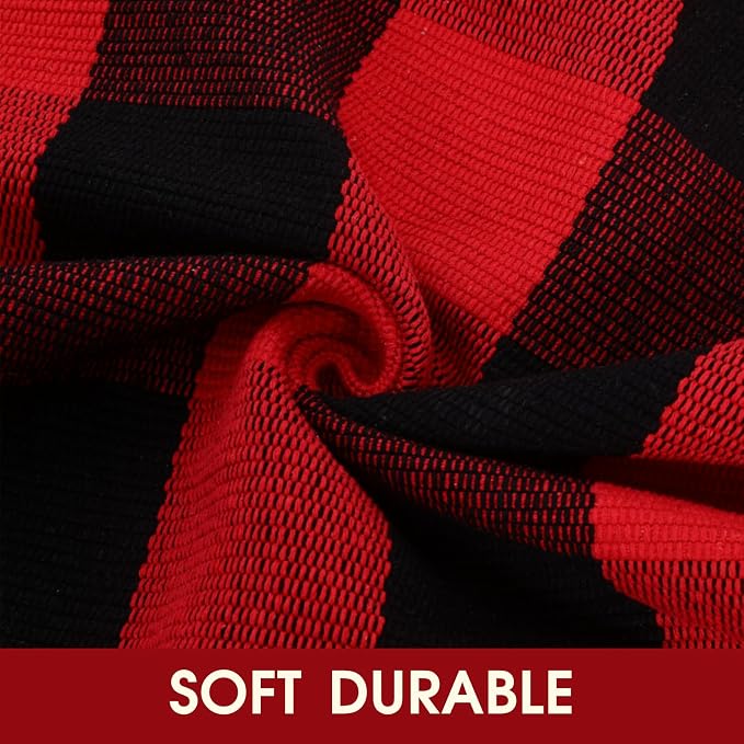 Christmas Red and Black Plaid Rug, 4' x 6' Cotton Hand-Woven Layered Door Mat for Front Porch, Entryway, Outdoor Holiday Decor, Washable Buffalo Check Rug for Home, Patio, Kitchen