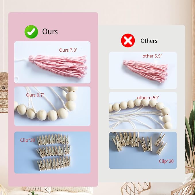 Macrame Hanging Photo Display Wall Decor, Macrame Photo Wall Hanging Boho Room Bedroom Wooden Beads Garland Picture Holder Photo Display Cilp with 30 Clip