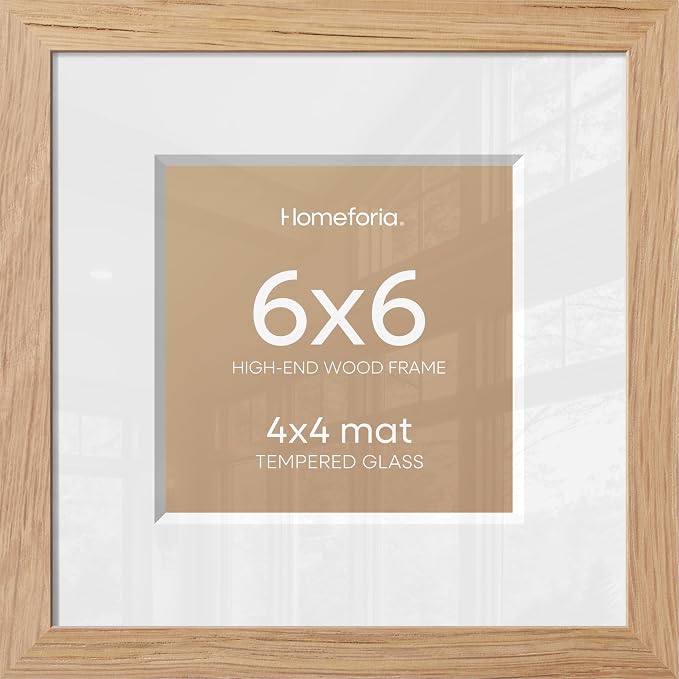 Homeforia 6x6 Natural Oak Picture Frame, High-End Wood, 4x4 Mat, Glass