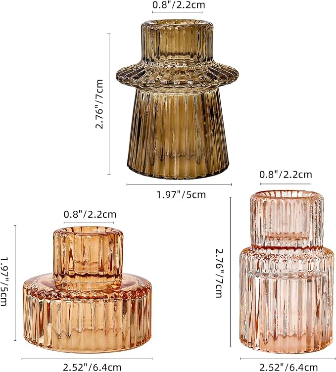 Brown Candlestick Holders 12PCS Ribbed Glass Taper Candle Holders Set for Tealight Candlestick Candles, Table Centerpieces for Thanksgiving Christmas Farmhouse Decor Indoor and Outdoor