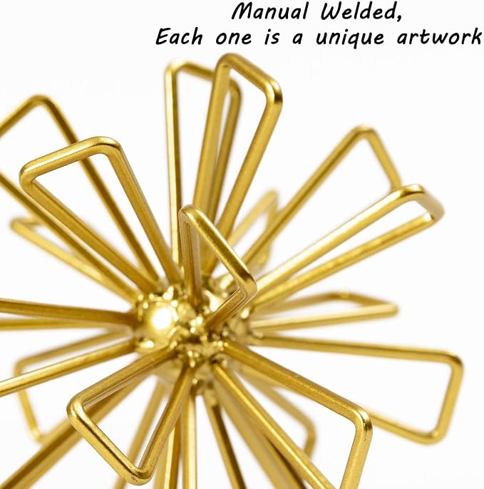 Metal Small Geometric Sculpture, 4.75" Gold Triangular Striking Iron Table Decoration Sphere, 3D Metal Home Table Top Decor Ball, Abstract Decorative Tabletop Orbs for Living Room Office