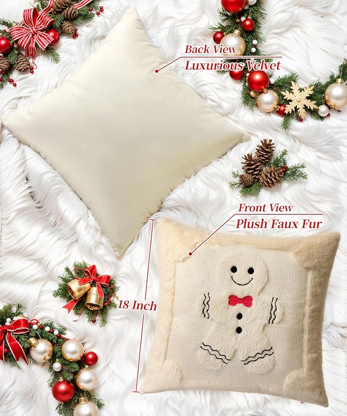 Christmas Pillow Covers Set of 2 Soft Plush Faux Fur Pillow Cases 3D Embroidered Decorative Couch Cover Home Decor Christmas Throw Pillow Covers 18x18,Beige Gingerbread Man