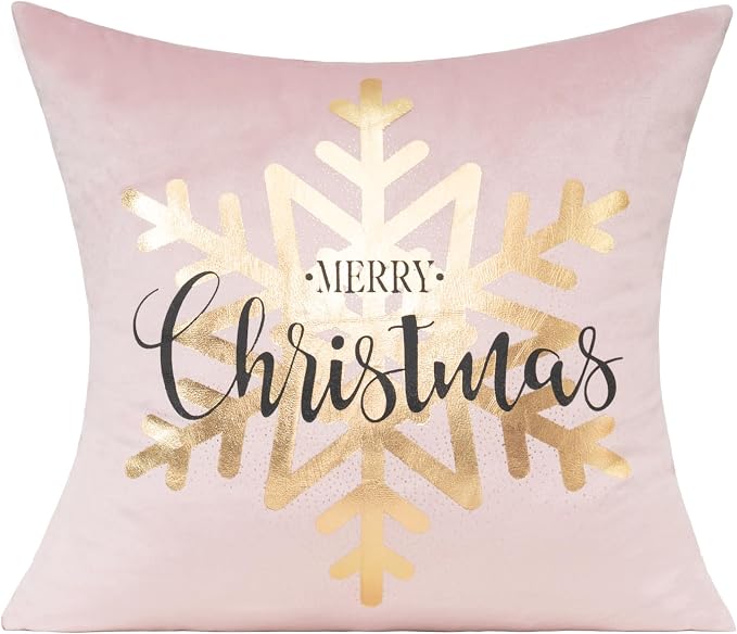 All Smiles Christmas Decorations Throw Pillow Covers Cases 16X16 Set of 4 Winter Xmas Indoor Home Holiday Décor Ornaments Velvet Navidad Cushion for Sofa Tree Snowflake Reindeer，Pink Gold