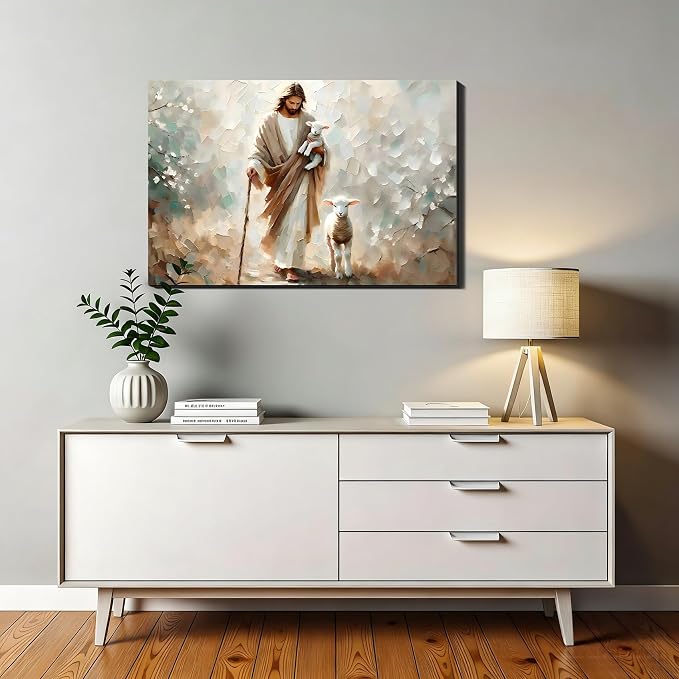 RIBNTAK Jesus and Sheep Christian Wall Art 16x24, Cozy Religion Canvas Prints Picture Posters for Bedroom Wall Decor Artwork Painting for Living Room,Bathroom, Office Classic Home Decor