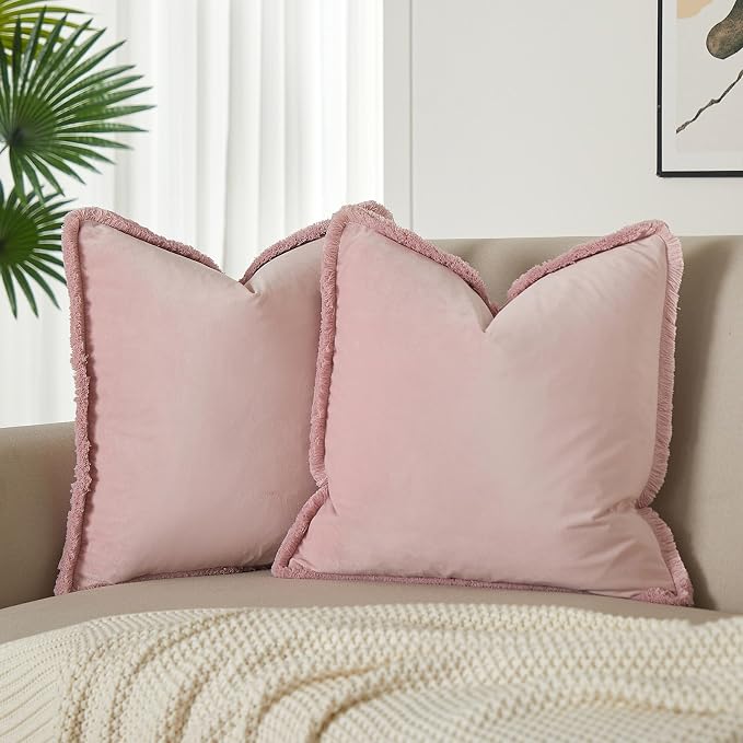 JUSPURBET Pink Decorative Velvet Fringe Throw Pillow Covers 24x24 Set of 2 Boho Soft Cushion Case for Home Decor Living Room Couch Sofa Bed