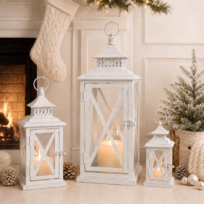 3PCS (20’’&13’’&9’’) Lanterns Decorative Indoor & Outdoor, Vintage White Metal Frame Candle Holders for Front Porch, Patio, Pathway, Balcony, Garden, Yard Decor, Halloween Christmas Decorations