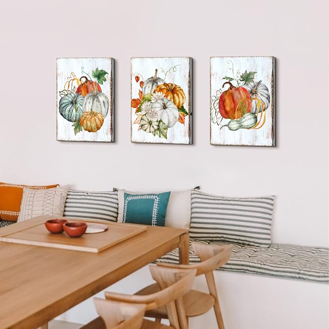 Large Pumpkins Wall Art Fall Decor Vintage Festival Wall Paintings Rustic Farmhouse Kitchen Decorations Autumn Maple Leaves Harvest Themed Wall Paintings Modern Halloween Posters Artworks 16x24" 3Pcs