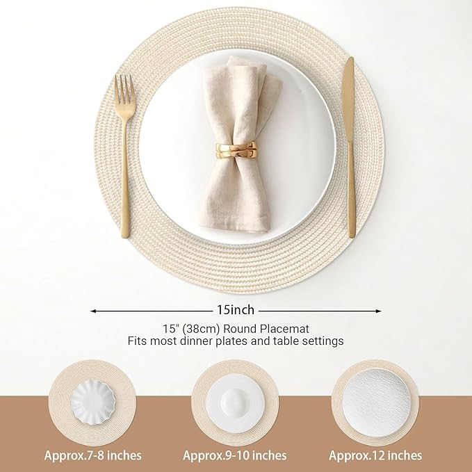 FunWheat Round Braided Placemats Set of 6 Table Mats for Dining Tables Woven Washable Non-Slip Place mats 15 inch(Beige, 6pcs)