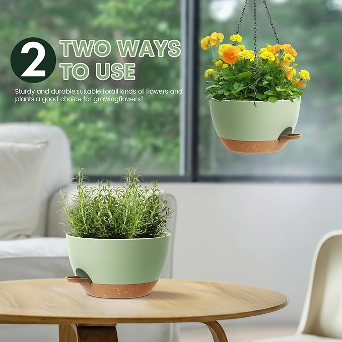 2 Pack 12 Hanging Flower Pots with Chains Self Watering Plastic Planters for Indoor Outdoor Plants, Sturdy Triangular Iron Chain Design for Garden PorchPlastic hanging flower pots (2, Green Brown)