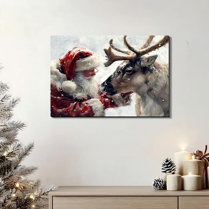 Santa's Reindeer Framed Christmas Canvas Wall Art for Living Room, Winter Pictures Wall Decor Painting Prints for Bedroom, Santa Christmas Art, 20x30 Poster Artwork for Wall Decorations