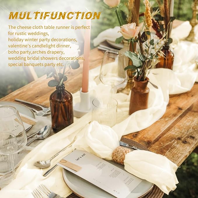 10 Pack Ivory Cheesecloth Table Runner 17x108 Inch Boho Gauze Cheese Cloth Table Runners for Wedding Party Baby Shower Birthday Home Decor