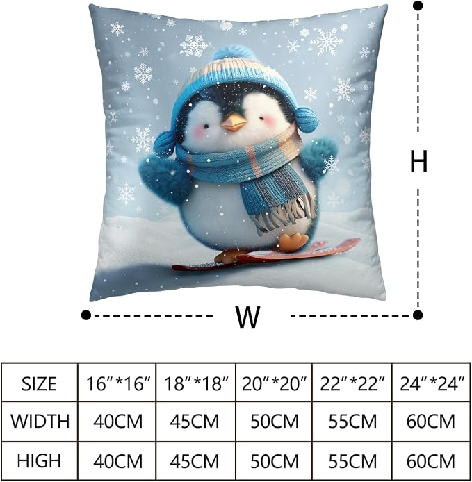 Winter Pillow Covers 16x16 Set of 2 Adorable Skiing Penguins Throw Pillow Covers Snowflakes Pillow Case Double Sided Printing Cushion Case for Home Decor Couch Sofa