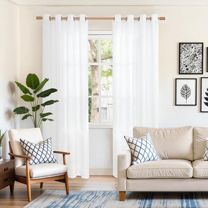 YoungsTex White Linen Semi Sheer Curtains 80 Inch Length for Living Room | Light Filtering Drapes with Bronze Grommet for Bedroom Dining Roon Window, 52 x 80 Inch, 2 Panels
