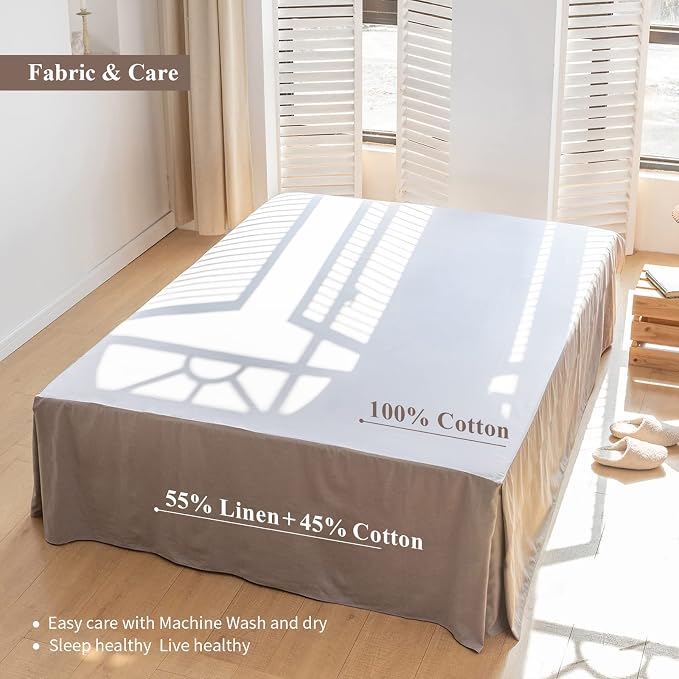 BISELINA French Linen Bed Skirt with Pleated Corner 18-Inch Tailored Drop Natural Flax Cotton Blend Basic Dust Ruffle Soft Cozy Farmhouse Bedding (18" Queen, Basic Grey)