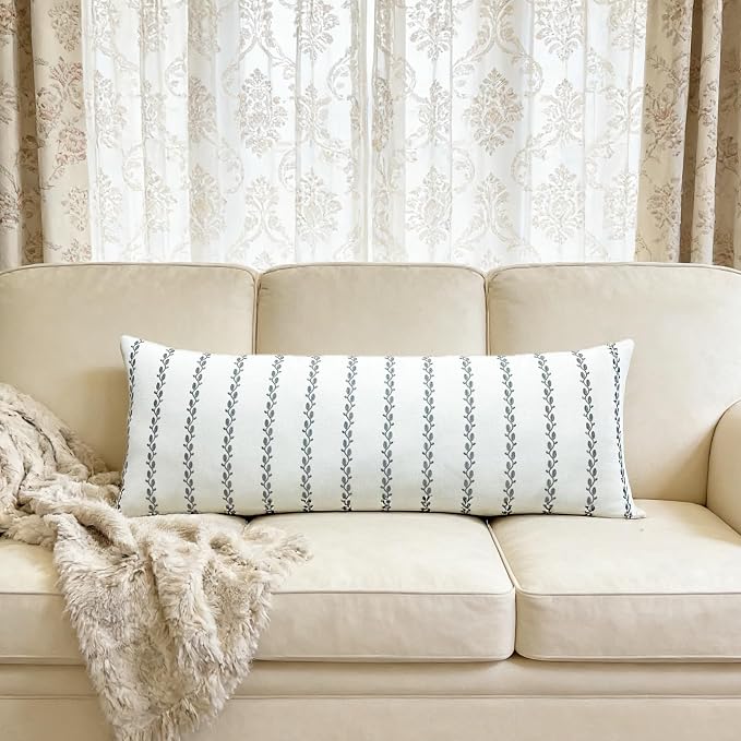 Slow Cow Linen Embroidery Rectangular Throw Pillow Cover Stripe Lumbar Cushion Cover for Couch Sofa 12 x 33 Inches Grey