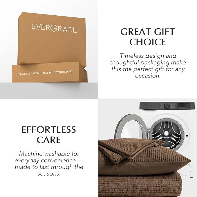 EVERGRACEHOME Cotton Ribbed Matelassé Coverlet Set, Queen, Sienna Brown | Soft Lightweight Bedspread, 3 Pieces, Breathable Cozy Oversized Quilted Bedding Set for All Seasons, with 2 Pillow Shams
