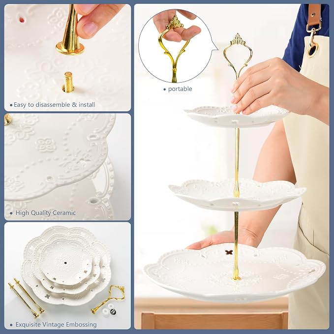 3 Tier Ceramic Cupcake Stand, White Tiered Tray for Cupcakes, 3 Tier Serving Stand for Tea Party, Birthday, Baby Shower, Wedding
