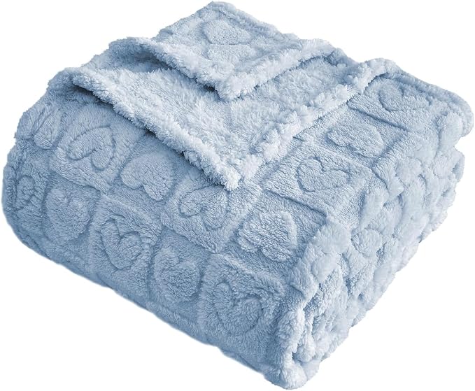 FY FIBER HOUSE Knitted Throw Blankets with Heart Checkered,Soft Warm Blankets for Lover Mom Father Gifts,Washable Lightweight Fuzzy Blanket for Couch Sofa Bed All Season(Light Blue,60"x80")