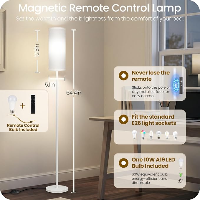 White Dimmable Floor Lamps for Living Room with Remote and Foot Switch, 64.4” Modern Standing Tall Lamp, Corner Lamp for Bedroom, Office, Bulb Included, 3000K-6500K, FCC Listed WCW06LD05W1