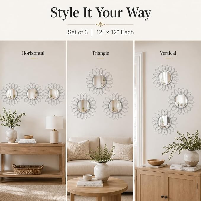 Silver Flower Mirror Set of 3, 3PCS Metal Round Decorative Wall Mirrors, Floral Petal Accent Mirror Wall Decor for Bathroom, Living Room, Bedroom & Entryway