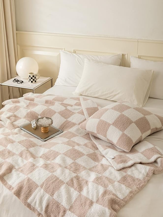 REPRECONF Ultra Soft Cozy Buffalo Checkerboard Grid Fluffy Microfiber Knitted Bed Blanket Super Soft Cozy Lightweight Fleece Checkered Bed Blanket for Sofa Couch Bed Travel Cream Twin Size 60''X80''