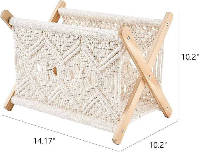 Mkono Macrame Magazine Holder, Boho Woven Book Rack Basket, 14" L x 10" W | Boho Decor, Mail Paper Vinyl Storage, Living Room Bedroom Bathroom Nursery Dorm Office, Handwoven, Space-Saving, Ivory
