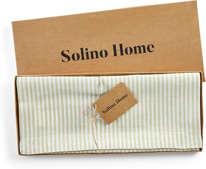 Solino Home 100% Pure Linen Table Runner, 14 x 48 in, Sage and White Stripe | Narrow Stripe, styles dining tables for meals and celebrations, European flax fibres, soft to the touch, OEKO-TEX Certified