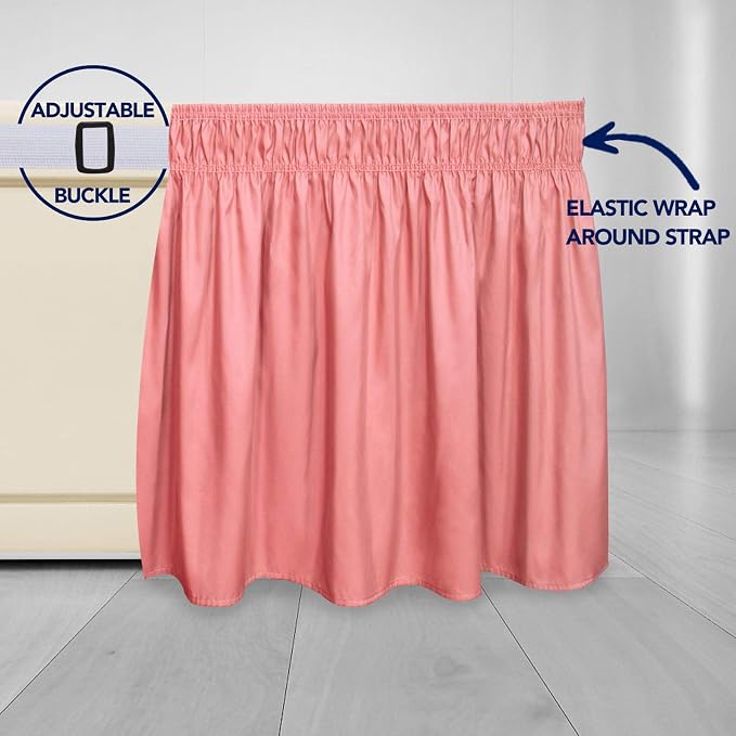 PureFit Wrap Around Ruffled Bed Skirt, Pink, Queen/King - 14" Drop | Wrinkle Free Bedskirt Dust Ruffles, Easy to Put On Frame Cover with Adjustable Elastic Belt