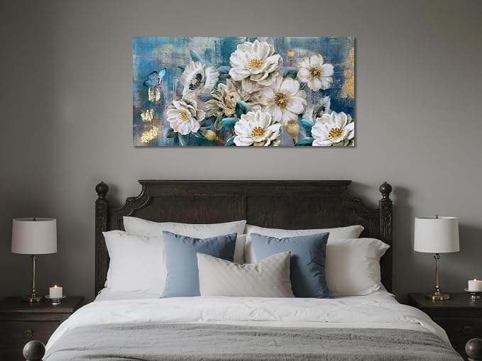 Arjun Flower Canvas Wall Art for Bedroom White Elegant Teal Picture, Textured Floral Magnolia Aesthetic Painting Living Room Wall Decor Turquoise Large Artwork Dining Room Home Office 40"x20"