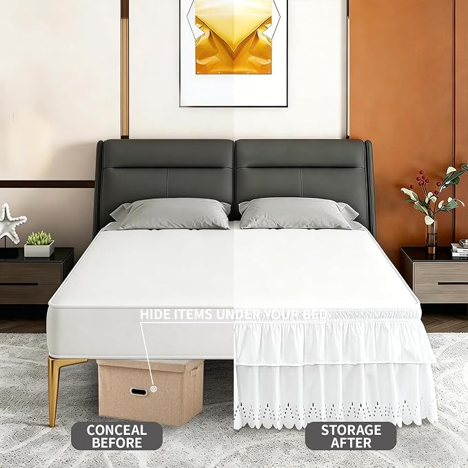 Queen Bed Skirt, Double-Layered Ruffled Eyelet Bed Skirt, Wrap-Around Elastic Dust Ruffle Queen Size with Gathered Styling and Embroidered Details, 18" Drop Length (White)