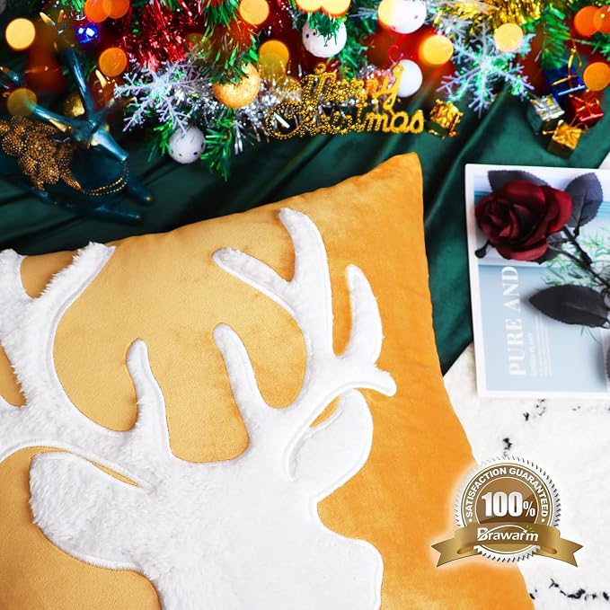 BRAWARM Christmas Pillow Cover 12 X 20 Inches, Gold Reindeer Embroidered Lumbar Pillow Cover, Soft Velvet Decorative Throw Pillow for Couch Bed Sofa Living Room Home