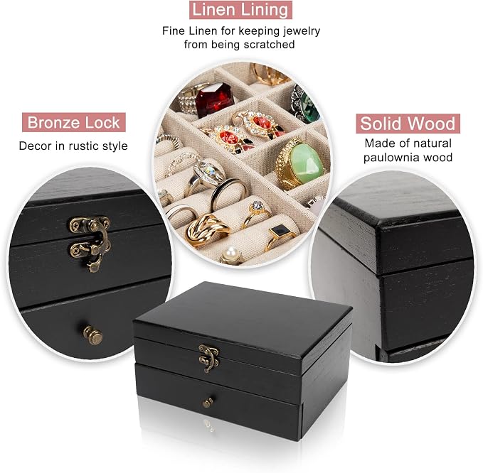 Pinzoveco Jewelry Box for Women, Rustic Wooden Jewelry Organizer Box for Storage Earrings Rings Necklace Bracelet, Farmhouse Style Wood Jewelry Boxes & Organizers (Black)