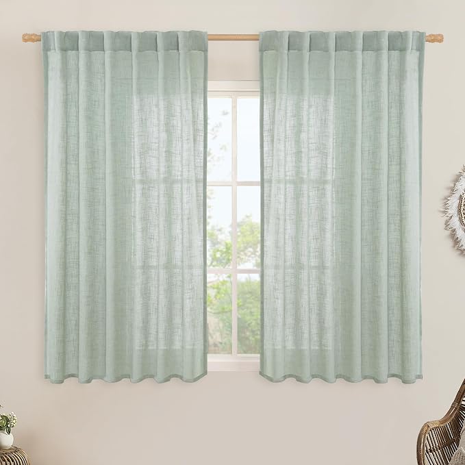 Light Sage Linen Curtains 45 Inches Long for Bedroom, 52 x 45 Inch | Light Filtering Panels, Semi Sheer Curtains, Neutral Drapes for Kitchen, Window Treatment, Rod Pocket Back Tab, 2 Panels