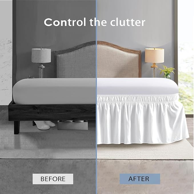 FreshCulture King Bed Skirt, Dust Ruffle for King Size Bed, Easy Fit with 15-Inch Tailored Drop, Elastic Wrap Around Bed Skirt King Size, Hotel Quality Bed Skirts for Adjustable Bed (White)