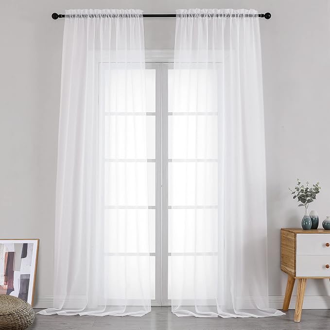 Simplebrand Sheer White Curtains 120 Inches Long, Extra Long Rod Pocket Solid Color Window Sheer Curtain Panels, Elegant Curtains & Drapes for Living Room, Bedroom 2 Panels (White, 2x42x120'')