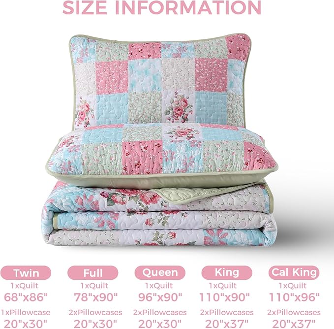 Mybedsoul Boho Quilt King Size, Patchwork Floral Bedding Set, Blue Pink | Soft Lightweight Microfiber Coverlet Set, 3 Pieces Plaid Reversible Bedspread, Bed Sets for All Seasons 90"x110"