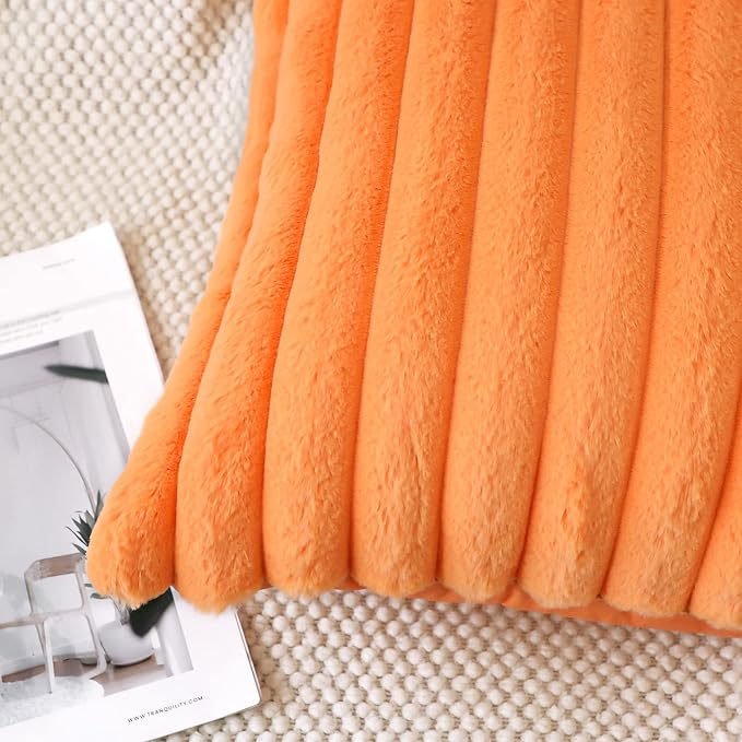 Soleebee Set of 2 Throw Pillow Covers Soft Cozy Velvet Pillowcase Faux Rabbit Fur Cover for Couch Sofa Bed Chair Home Decorative Pillows Cover (22x22 Inch, Orange)