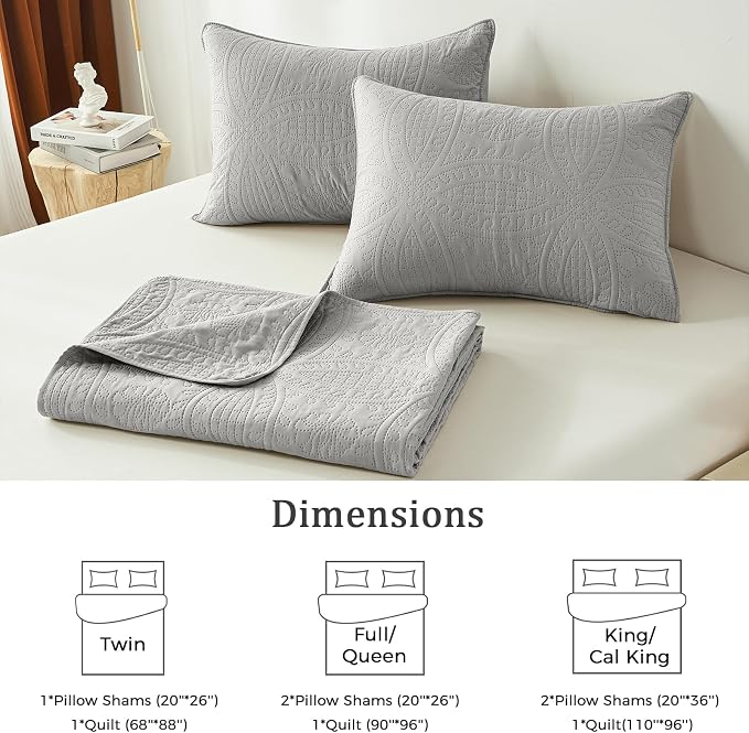 akkialla Quilts Queen Size,Light Grey Ultrasonic Full/Queen Quilt Set,Lightweight Soft Bedspread Coverlet,Modern Style Coin Pattern Bed Cover for All Seasons,3 Piece(1 Quilt,2 Pillow Shams)