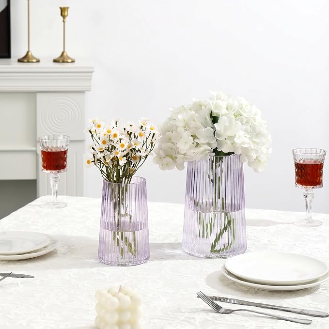 Ribbed Flower Vases Set of 2, Purple Vases for Flowers, Flower Vase for Bouquet, Modern Ribbed Glass Vase for Living Room, Bedroom, Dining Table, Office, Wedding, Centerpieces