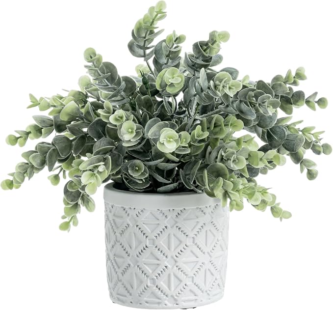MyGift Artificial Eucalyptus Plant Gray Concrete Pot Geometric Pattern