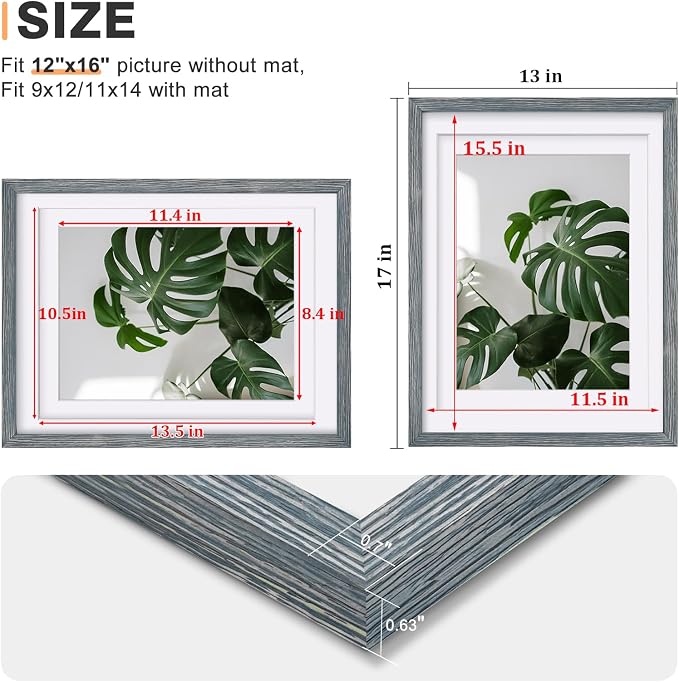 Egofine 12x16 Picture Frames Set of 4, Made of Solid Wood Covered by Plexiglass 9x12 and 11x14 with Mat or 12x16 without Mat, for Wall Mounting Photo Frame Rustic Blue