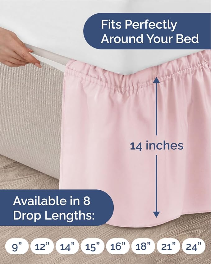 Wrap Around Dust Ruffle Bed Skirt - Lavender Pink - for Queen Size Beds w/ 14 Inch Drop - Easy Fit Elastic Strap - Adjustable Pleated Bedskirt Brushed Fabric - Wrinkle Free - Women, Men, Kids & Teens