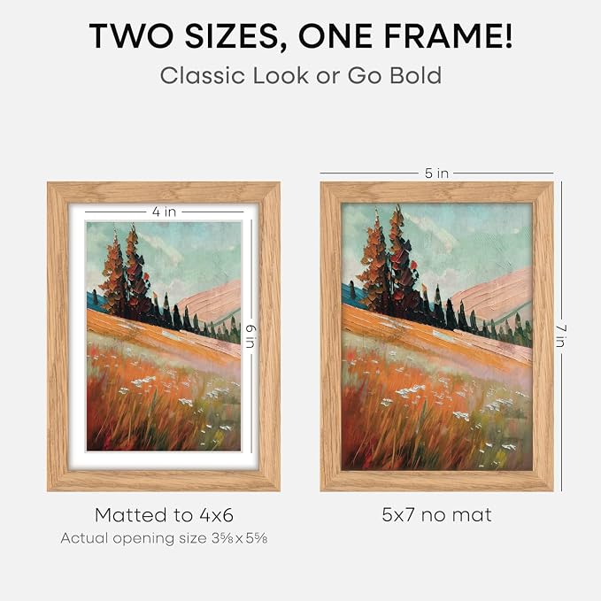 Homeforia 5x7 Natural Oak Picture Frame, High-End Wood, 4x6 Mat, Glass
