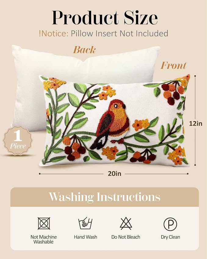 Embroidered Lumbar Pillow Cover - 20x12 Decorative Pillow Cover with Zipper Aesthetic Cute Design Boho Spring Summer Throw Pillowcase for Living Room Couch Sofa Bed, Tree Bird