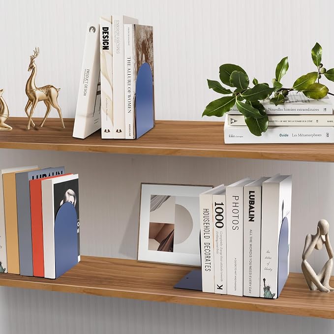 8 Pcs Metal Bookends - Book Ends for Shelves, Dark Blue